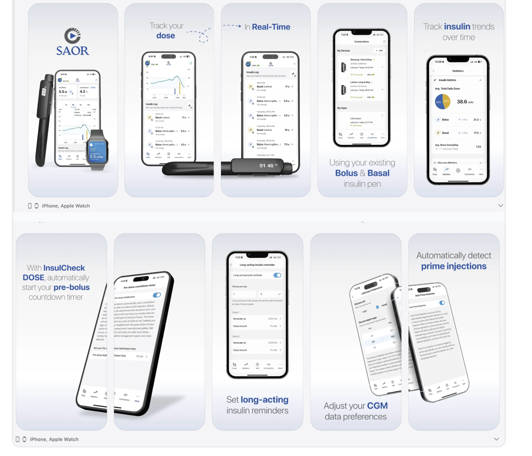 Connected insulin-pen companion app screens showing dose tracking, insulin log, device connections, statistics, pre-bolus countdown timer and reminder settings across iPhone and Apple Watch.